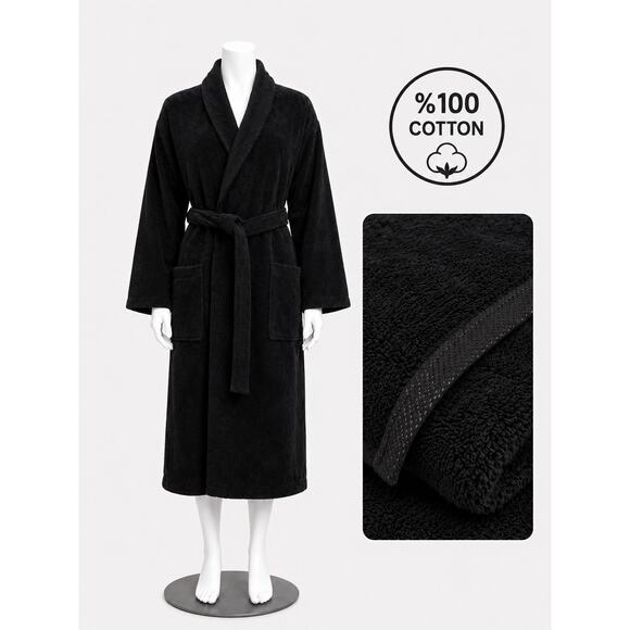 unbrand Other - Black Bathrobe 100% Cotton Unisex Soft Spa Robe S/M Turkish Towel Belted Pockets